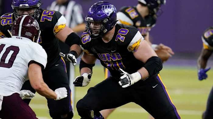 Northern Iowa offensive tackle Trevor Penning (70) prepares to block. Credit: baltimoreravens.com